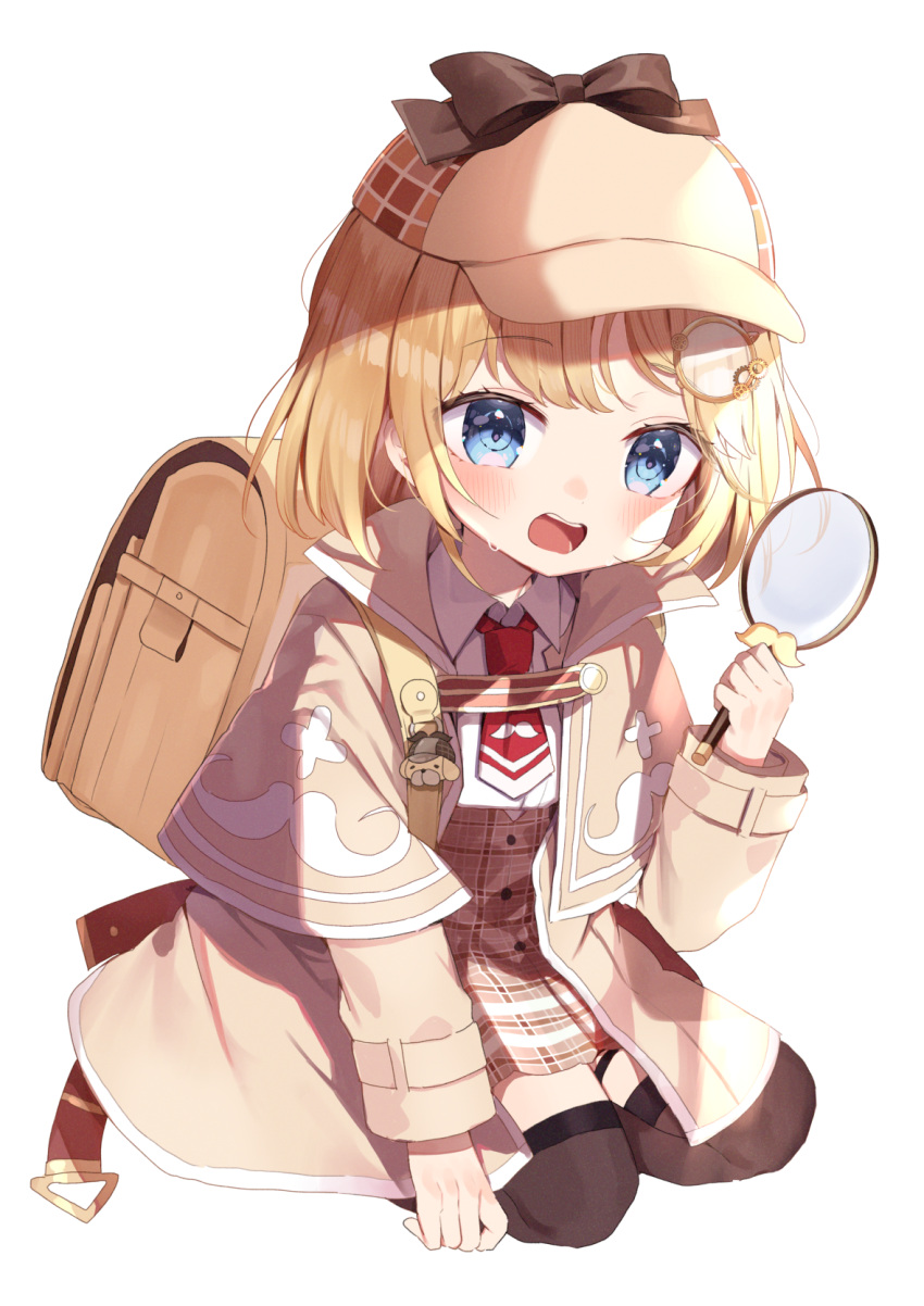 1girl :d backpack bag bangs blonde_hair blue_eyes blush brown_capelet brown_headwear brown_jacket brown_legwear brown_skirt capelet collared_shirt deerstalker eyebrows_visible_through_hair hat high-waist_skirt highres holding holding_magnifying_glass hololive hololive_english jacket long_sleeves looking_at_viewer magnifying_glass medium_hair necktie noi_mine open_clothes open_jacket plaid plaid_skirt red_necktie shirt skirt smile solo thigh-highs virtual_youtuber watson_amelia white_shirt younger