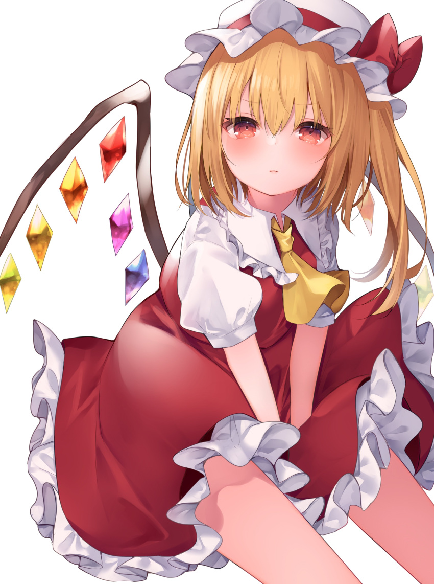 1girl absurdres ascot bangs between_legs blonde_hair blush bow closed_mouth crystal eyebrows_visible_through_hair feet_out_of_frame flandre_scarlet flat_chest frilled_shirt_collar frills from_above furrowed_brow hair_between_eyes hand_between_legs hat hat_bow highres komomo_(ptkrx) light_frown looking_at_viewer medium_hair mob_cap one_side_up petticoat puffy_short_sleeves puffy_sleeves red_bow red_eyes red_skirt red_vest short_sleeves simple_background sitting skirt solo touhou v_arms vest white_background white_headwear wings yellow_ascot