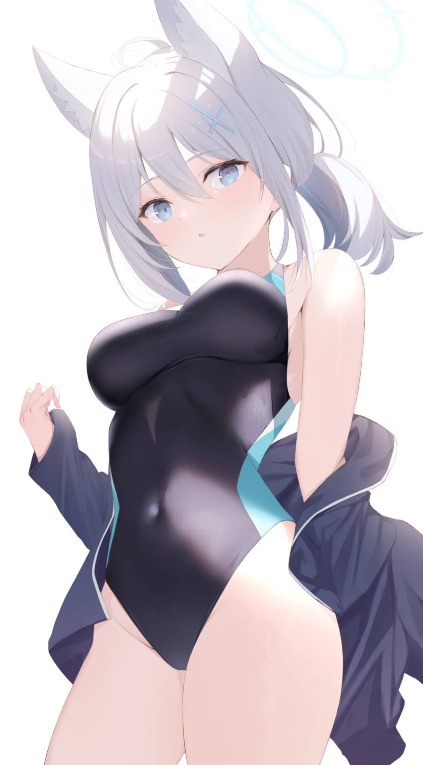 1girl absurdres animal_ear_fluff animal_ears bangs bikini black_bikini blue_archive blue_eyes blush breasts grey_hair highres large_breasts looking_at_viewer maosame medium_hair one-piece_swimsuit shiroko_(blue_archive) solo swimsuit