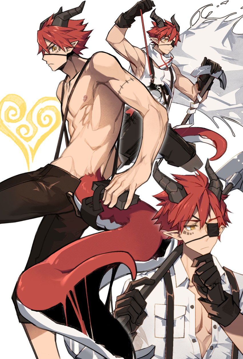 1boy axe brown_gloves brown_legwear collared_shirt demon_boy eyepatch facial_mark gloves heart highres holding holding_pickaxe horns male_focus nipples original patient_zero pectorals pickaxe pointy_ears profile redhead shirt shovel tail topless_male white_shirt yellow_eyes