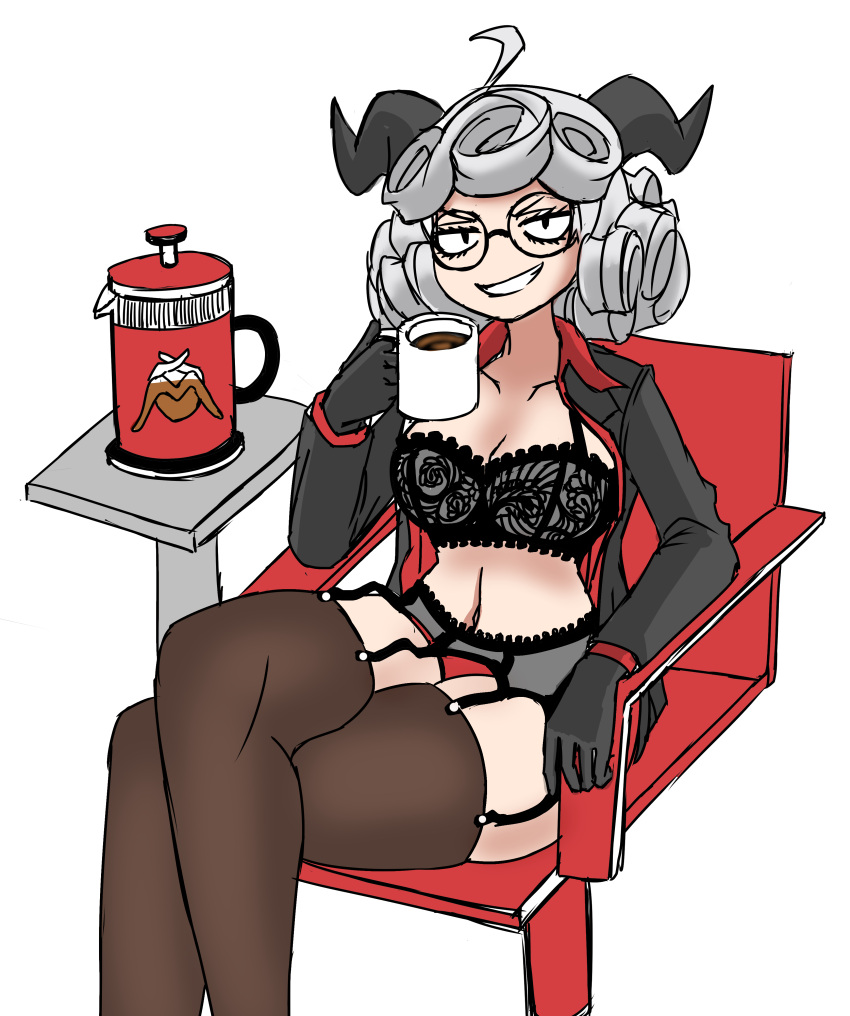 absurdres bra chair coffee coffee_cup coffee_pot crossed_legs cup curly_hair deculture demon_horns disposable_cup glasses gloves grey_hair helltaker highres horns non-web_source open_clothes open_shirt pandemonica_(helltaker) pantyhose sexually_suggestive shirt smug underwear