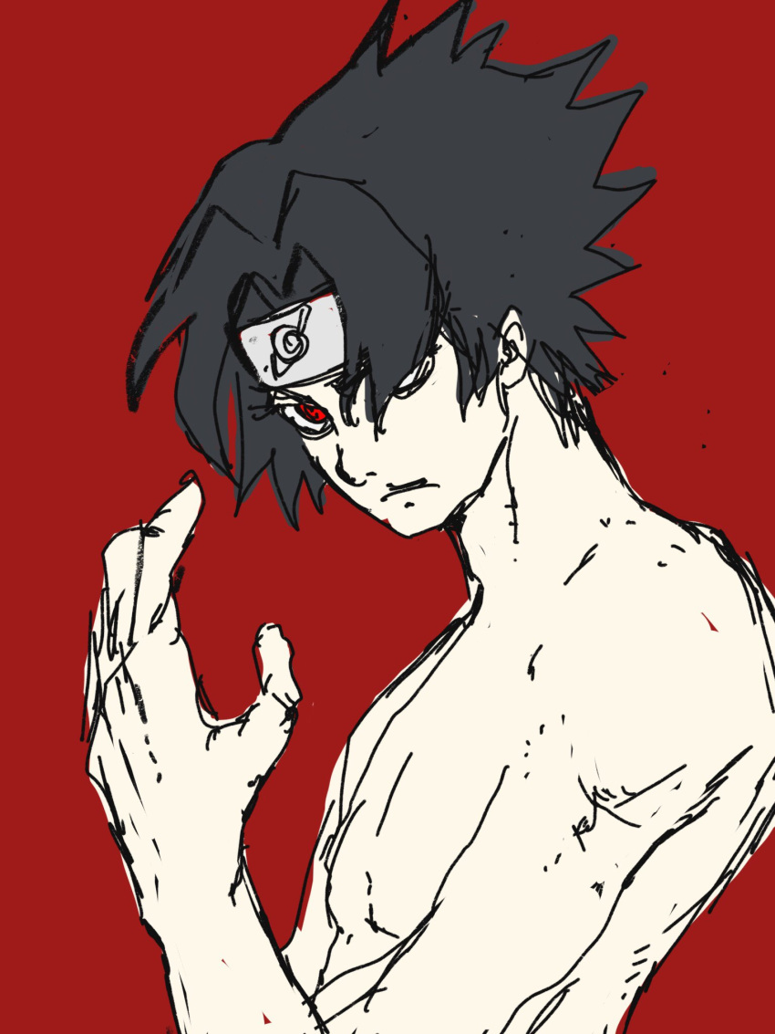 1boy black_hair closed_mouth hair_over_one_eye headband highres lec_him looking_at_viewer male_focus naruto naruto_(series) red_background red_eyes sharingan simple_background sketch solo spiky_hair uchiha_sasuke upper_body