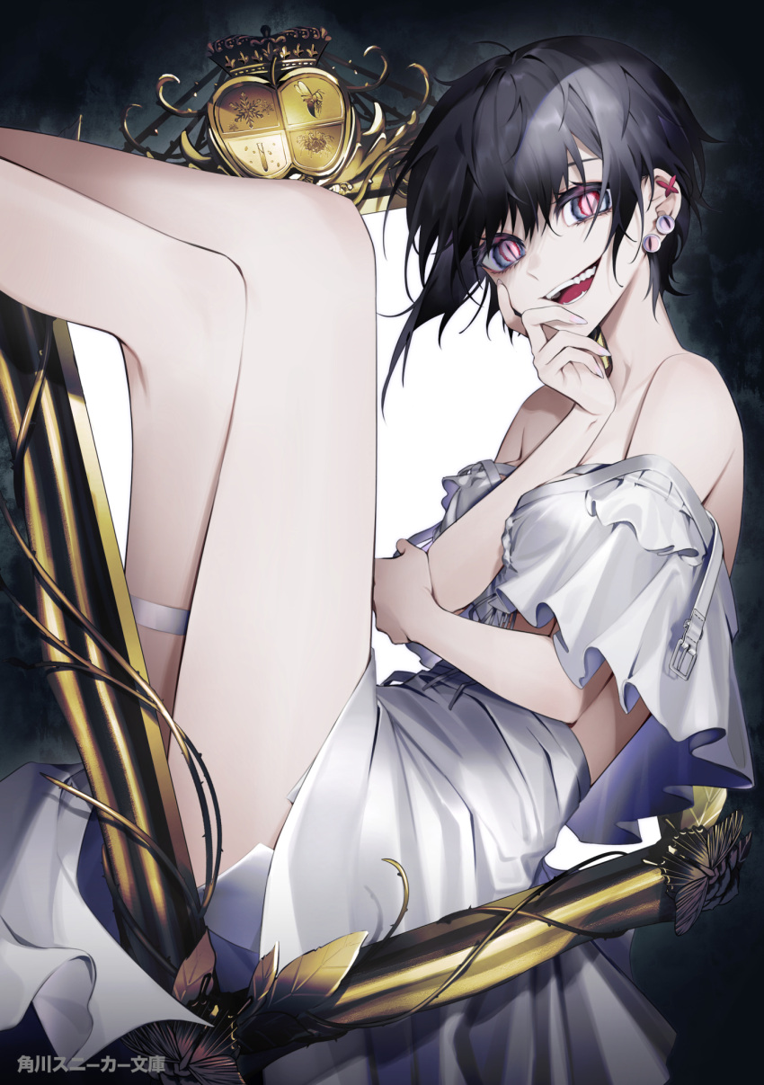 1girl :d black_hair blue_eyes commentary_request dress earrings grin haizome_senri hand_on_own_chin highres jewelry looking_at_viewer multicolored_eyes original picture_frame pink_eyes short_hair slit_pupils smile solo stud_earrings thigh_strap white_dress