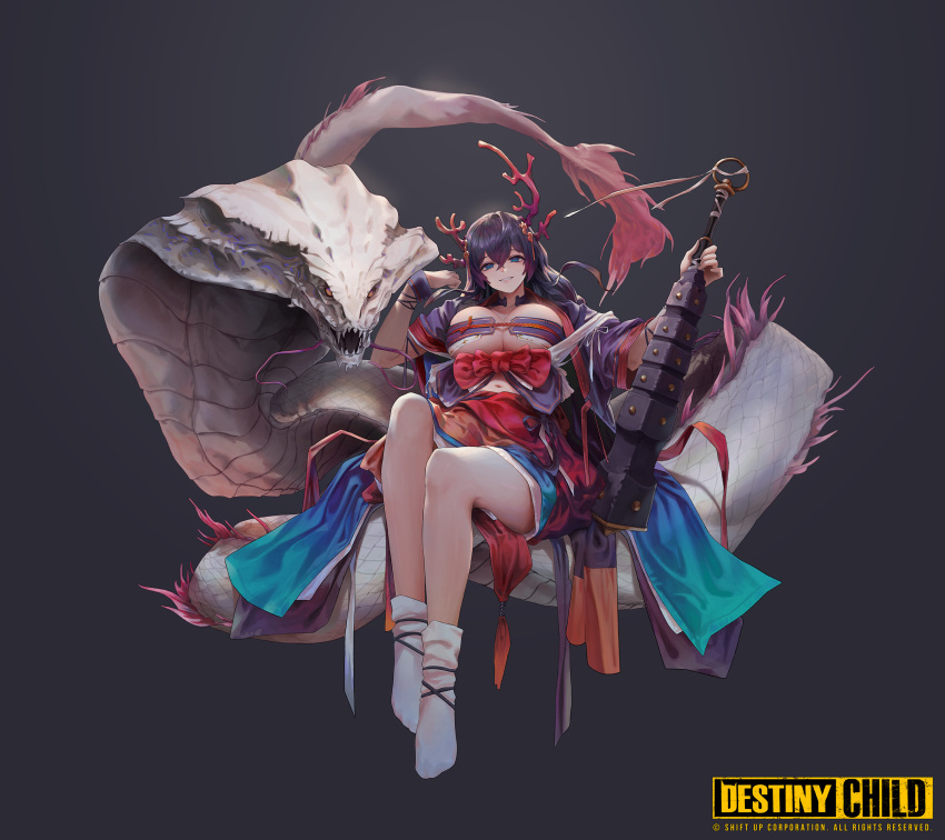 1girl animal antlers asymmetrical_antlers bow club_(weapon) cobra_(animal) copyright_name destiny_child full_body giant_snake grey_background highres holding japanese_clothes kanabou kimono logo looking_at_viewer oversized_animal parted_lips red_bow simple_background sitting smile snake solo strapless tube_top waist_bow weapon white_snake wonchun