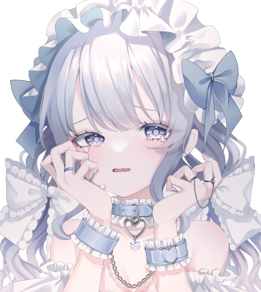 1girl bangs blue_bow bow collar crying cuffs fang frilled_bow frilled_collar frilled_hairband frills hair_bow hairband hands_up heart heart_collar highres jewelry long_hair looking_at_viewer open_mouth original pizaya_(user_jxxe5233) ring silver_hair simple_background skin_fang solo strapless tears upper_body violet_eyes wavy_hair white_background white_bow