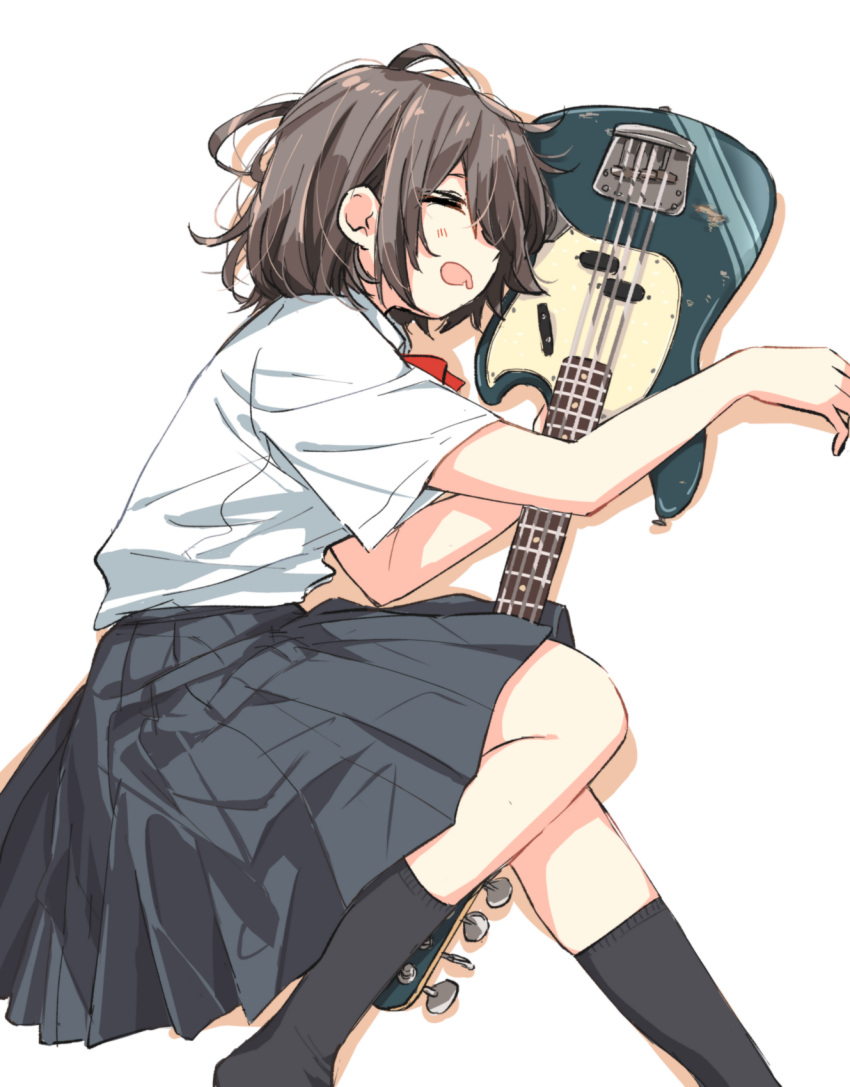 1girl ^_^ ^o^ bangs bass_guitar between_legs between_thighs black_legwear black_skirt brown_hair calf_socks closed_eyes collared_shirt commentary drooling facing_to_the_side feet_out_of_frame from_side highres instrument lying matsuda_hikari mouth_drool no_shoes object_hug on_side open_mouth original outstretched_arm pleated_skirt profile school_uniform shadow shirt shirt_tucked_in short_hair short_sleeves sideways_mouth simple_background skirt sleeping socks solo white_background white_shirt