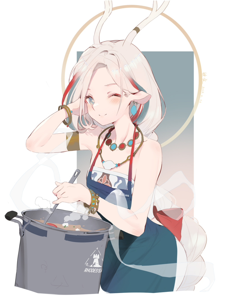 1girl ;) a_deer_of_nine_colors alternate_costume alternate_hairstyle animal_ears antlers apron arknights arm_up armlet artist_name atianshi_attas bare_shoulders blue_eyes blue_hair blush bracelet braid closed_mouth collarbone commentary_request cooking cowboy_shot earrings forehead gradient gradient_background green_apron hand_in_hair highres jewelry long_hair looking_at_viewer multicolored_hair necklace nine-colored_deer one_eye_closed pot redhead rhodes_island_logo silver_hair single_braid smile solo streaked_hair very_long_hair white_background