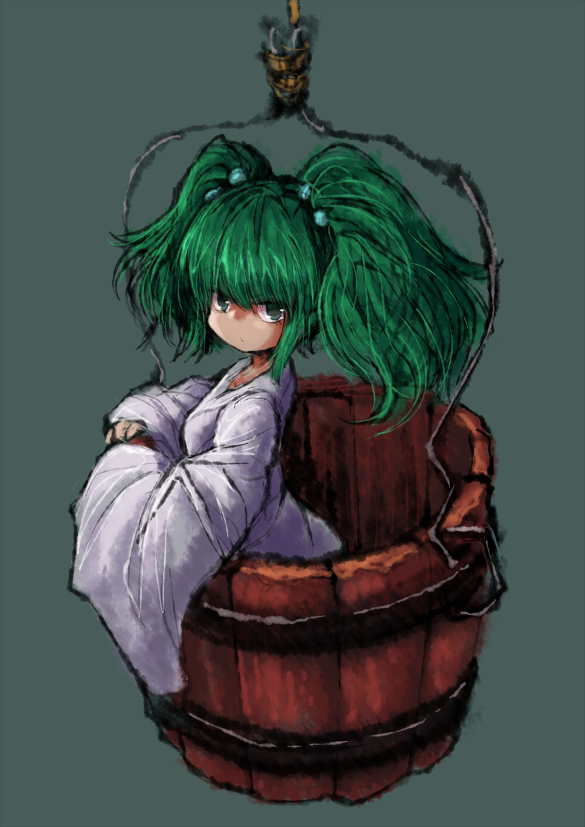 1girl 2b-ge bucket closed_mouth container flat_chest green_eyes green_hair hair_bobbles hair_ornament highres in_bucket in_container kisume long_sleeves looking_at_viewer short_twintails simple_background solo touhou twintails wooden_bucket