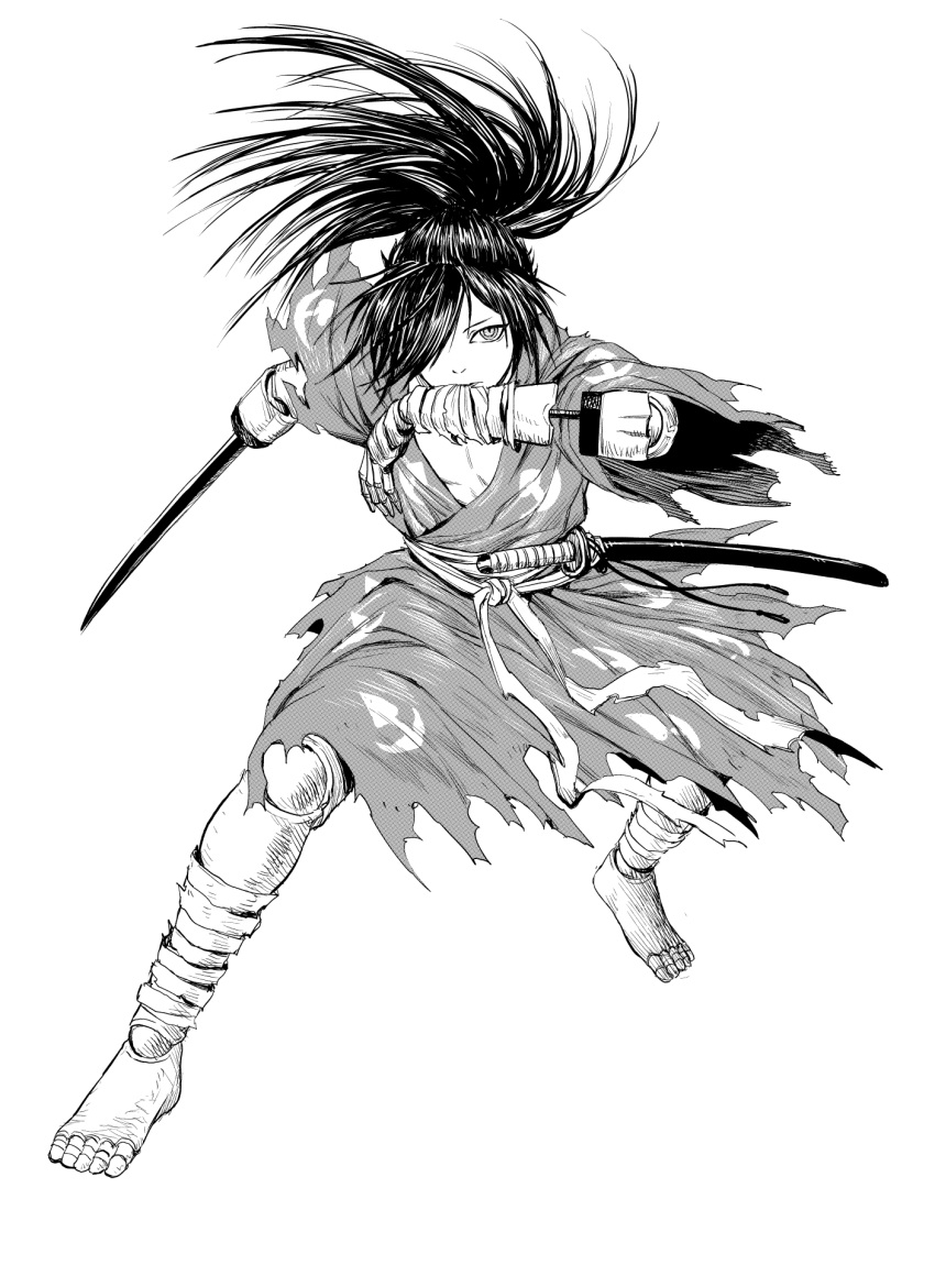 1boy arm_blade barefoot doll_joints dororo_(tezuka) fighting_stance full_body greyscale hair_over_one_eye highres hyakkimaru_(dororo) japanese_clothes joints kimono long_hair making-of_available male_focus monochrome one_eye_covered ponytail sash simple_background solo torn_clothes weapon white_background y_naf