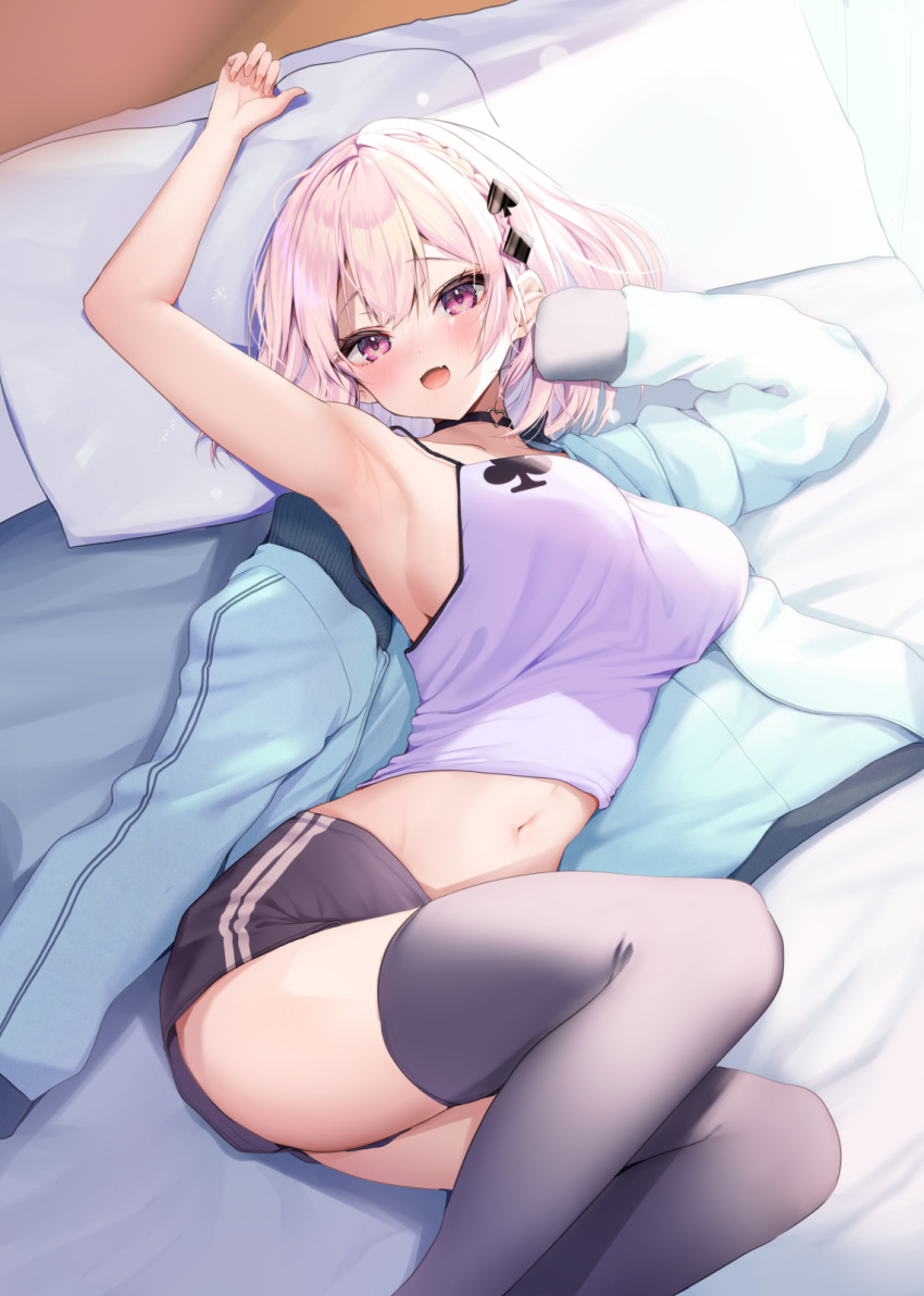 1girl :d armpits arms_up ayuma_sayu bare_arms bare_shoulders bed black_choker black_legwear black_shorts blue_jacket braid breasts camisole choker crop_top fang hair_ornament hairclip highres jacket large_breasts looking_at_viewer lying midriff navel on_back on_bed open_clothes open_jacket original pillow pink_eyes pink_hair shirt short_hair short_shorts shorts sleeveless sleeveless_shirt smile solo spaghetti_strap thigh-highs thighs white_shirt