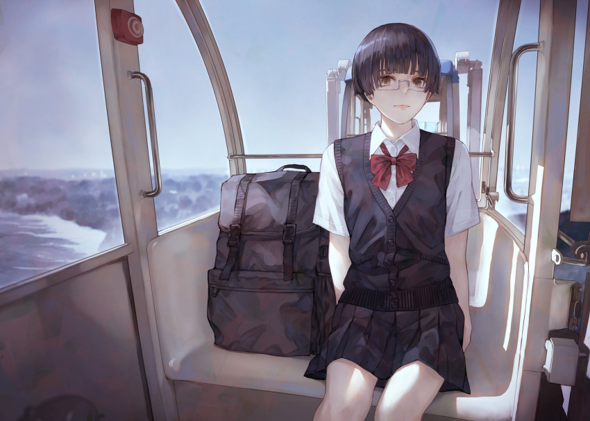 1girl backpack bag black_hair black_skirt black_vest bow bowtie brown_eyes closed_mouth ferris_wheel ferris_wheel_interior grey-framed_eyewear highres kaoming looking_at_viewer miniskirt original outdoors pleated_skirt red_bow red_bowtie school_uniform semi-rimless_eyewear shirt short_sleeves sitting skirt solo under-rim_eyewear vest white_shirt