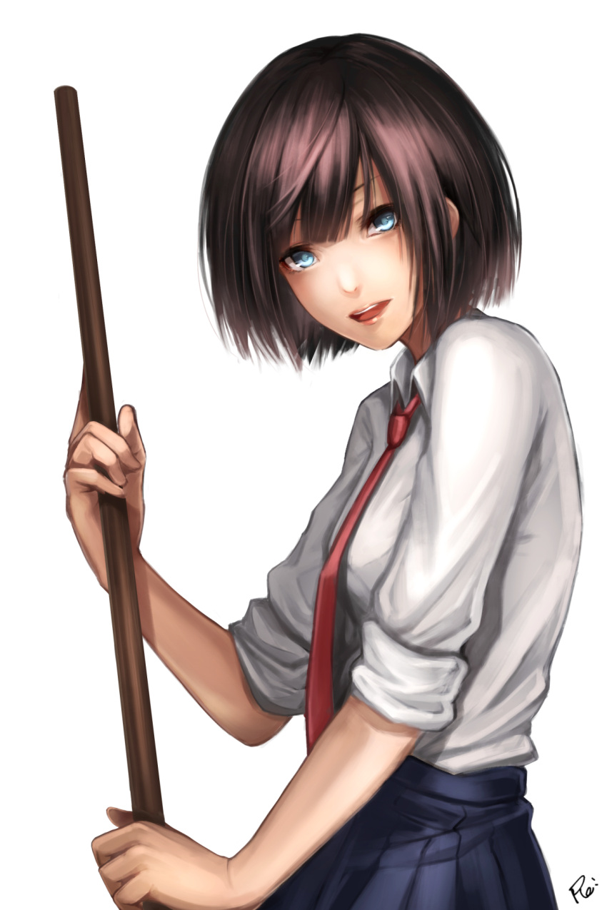 1girl :d bangs blue_eyes blue_skirt broom brown_hair collared_shirt hair_between_eyes highres holding holding_broom medium_hair necktie open_mouth original pleated_skirt re_(re_09) red_necktie shiny shiny_hair shirt signature simple_background skirt sleeves_rolled_up smile solo standing straight_hair white_background white_shirt wing_collar