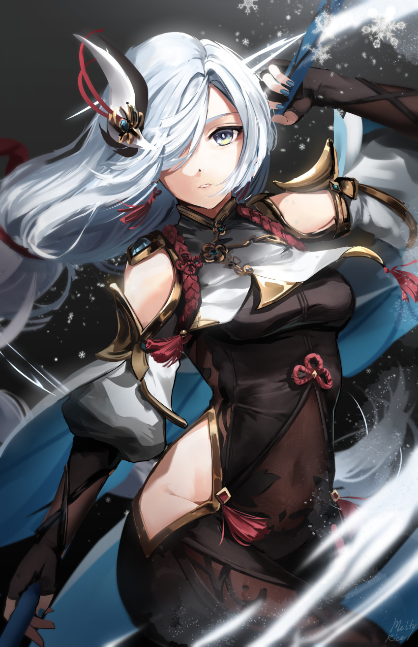 1girl absurdres bare_shoulders blue_eyes bodysuit breast_curtain breasts commentary_request covered_navel fingerless_gloves genshin_impact gloves hair_over_one_eye highres hip_vent meltyrice parted_lips revision shenhe_(genshin_impact) solo white_hair