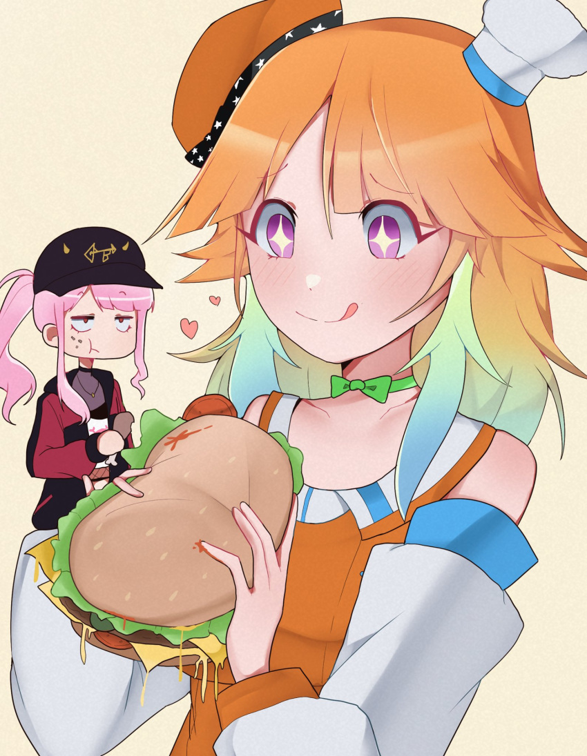 :p baseball_cap bow_choker burger chef_hat chicken_leg crop_top earrings eating fast_food feather_earrings feathers food food_on_face gradient_hair hat highres holding holding_food hololive hololive_english jacket jewelry maplemersh26 mori_calliope multicolored_hair official_alternate_costume orange_hair orange_headwear pink_hair ponytail red_eyes takanashi_kiara tongue tongue_out track_jacket violet_eyes virtual_youtuber