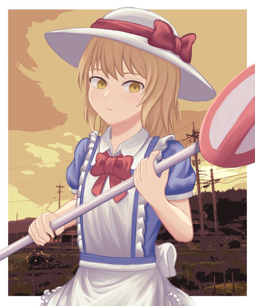 1girl apron back_bow blonde_hair blue_dress border bow bowtie collared_dress dress florentia_menma frilled_dress frills hat hat_bow highres holding kana_anaberal outdoors puffy_short_sleeves puffy_sleeves red_bow red_bowtie road_sign short_hair short_sleeves sign sun_hat touhou touhou_(pc-98) upper_body waist_apron white_apron white_border white_bow white_headwear yellow_eyes