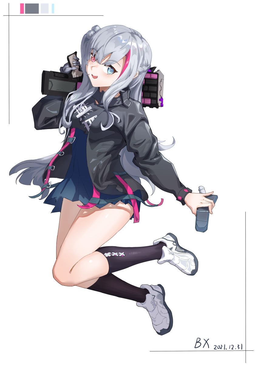 1girl absurdres artist_name bangs black_jacket black_legwear blue_dress blush braid breasts dated dress eyebrows_visible_through_hair full_body girls'_frontline_neural_cloud girls_frontline gloves grey_gloves grey_hair gun heterochromia highres holding holding_gun holding_phone holding_weapon jacket jumping light_blue_eyes long_hair looking_at_viewer mdr_(girls'_frontline) medium_breasts multicolored_hair open_clothes open_jacket open_mouth phone pink_eyes shoes side_braid single_glove sneakers socks solo user_wfpz3258 weapon white_background white_footwear