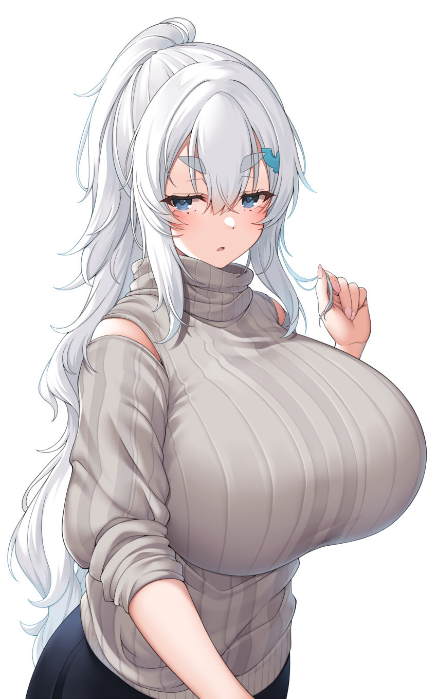 1girl bangs blue_eyes blush breasts detached_sleeves grey_sweater hair_between_eyes hair_ornament hairclip highres huge_breasts long_hair original parted_lips ponytail ribbed_sweater simple_background solo suruga_(xsurugax) sweater thick_eyebrows upper_body very_long_hair white_background white_hair