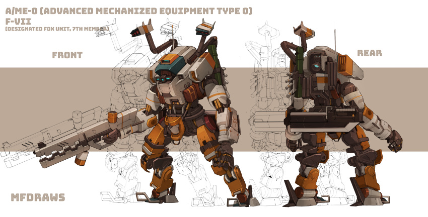 absurdres blue_eyes brayanong999 character_sheet commission english_commentary gun highres holding holding_gun holding_weapon mecha missile_pod multiple_views no_humans one-eyed open_hand original science_fiction standing titanfall_(series) weapon