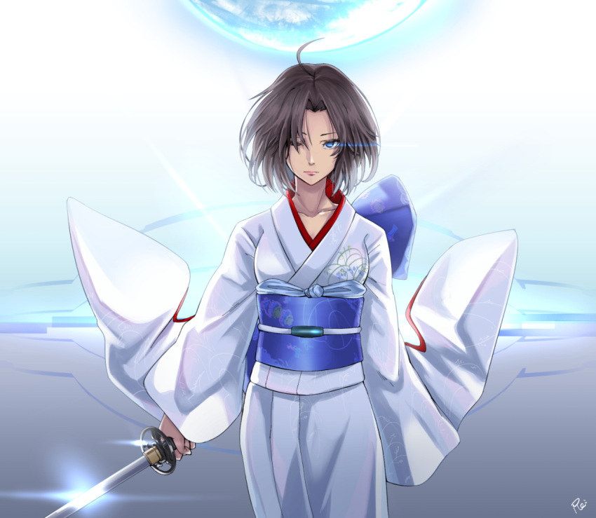 1girl ahoge blue_eyes brown_hair closed_mouth collarbone cowboy_shot glowing glowing_eye hair_intakes holding holding_sword holding_weapon japanese_clothes kara_no_kyoukai katana kimono long_sleeves looking_at_viewer medium_hair re_(re_09) ryougi_shiki signature solo straight_hair sword weapon white_kimono wide_sleeves