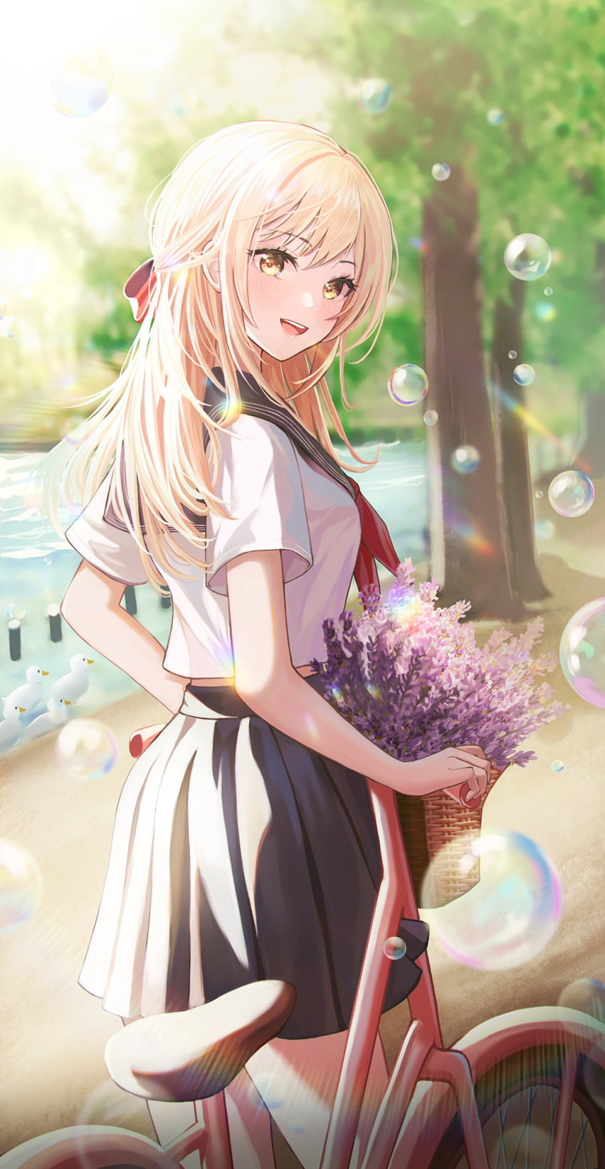 1girl bicycle black_skirt blonde_hair bow breasts bubble flower ground_vehicle highres kottungyang long_hair looking_back medium_breasts open_mouth original outdoors pleated_skirt red_bow sailor_collar school_uniform serafuku skirt smile solo standing tree uniform yellow_eyes