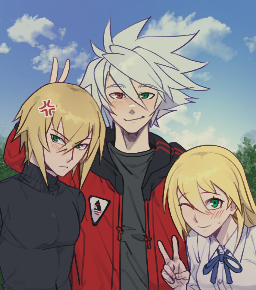 ;) absurdres anger_vein black_sweater blazblue blinking blonde_hair bunny_ears_prank clouds collared_shirt galadysp green_eyes heterochromia highres hood hoodie jin_kisaragi noel_vermillion one_eye_closed pouty_lips ragna_the_bloodedge red_eyes red_hoodie shirt sky smile sweat sweater v white_hair white_shirt