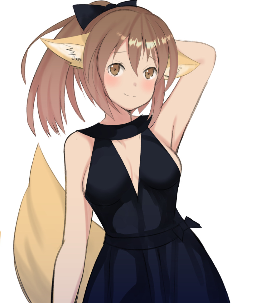 1girl alternate_costume animal_ears arknights arm_behind_head arm_up armpits bangs black_bow black_dress blush bow brown_eyes brown_hair commentary_request dress enoki_p fox_ears fox_tail hair_between_eyes hair_bow highres long_hair looking_at_viewer partial_commentary perfumer_(arknights) ponytail simple_background sleeveless sleeveless_dress smile solo tail upper_body white_background