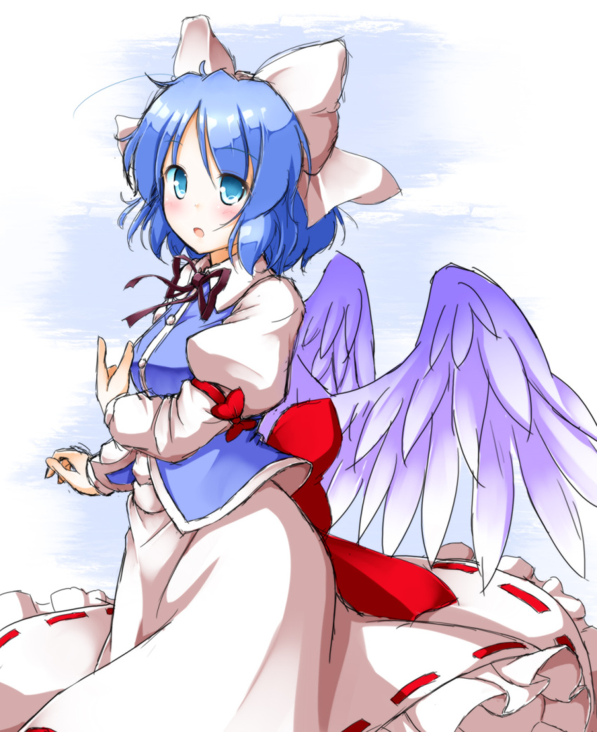 1girl :o aka_tawashi angel_wings arm_under_breasts back_bow bangs blue_eyes blue_hair blue_vest blush bow breasts collared_shirt commentary_request eyebrows_visible_through_hair feathered_wings frilled_skirt frills hair_bow highres juliet_sleeves long_sleeves mai_(touhou) pink_bow pink_shirt pink_skirt puffy_sleeves red_bow red_ribbon ribbon ribbon-trimmed_skirt ribbon_trim shirt short_hair skirt small_breasts touhou touhou_(pc-98) vest white_wings wings