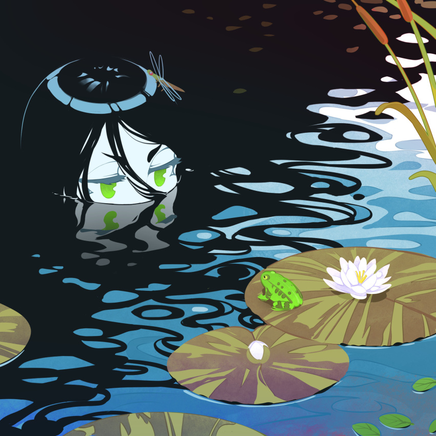 1girl black_hair bug dragonfly english_commentary eye_contact flower frog frown green_eyes half-closed_eyes halphelt highres insect_on_head lily_pad long_hair looking_at_another lotus original partially_submerged reeds solo very_long_hair water