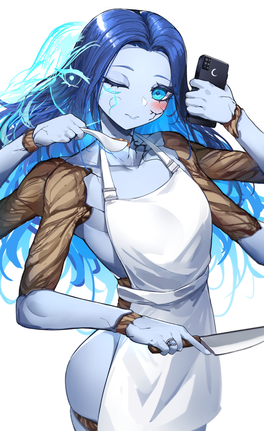 1girl apron blue_eyes blue_hair blue_skin blush breasts casul cellphone closed_mouth colored_skin commentary cowboy_shot crack cracked_skin elden_ring english_commentary extra_arms extra_faces facial_tattoo glowing_tattoo hand_up highres holding holding_knife holding_phone holding_spoon jewelry joints knife long_hair looking_at_viewer one_eye_closed phone ranni_the_witch ring simple_background small_breasts solo spoilers spoon tattoo white_apron white_background