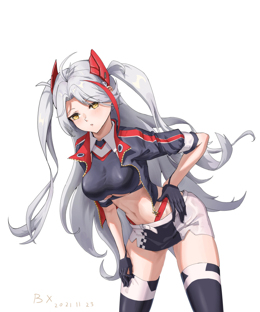 1girl :o absurdres artist_name azur_lane bangs black_gloves black_jacket black_legwear black_skirt black_tank_top blush breasts crop_top dated eyebrows_visible_through_hair feet_out_of_frame gloves hair_ornament hand_on_hip hand_on_thigh highres jacket leaning_forward long_hair looking_at_viewer medium_breasts multicolored_hair navel official_alternate_costume open_clothes open_jacket open_mouth parted_lips prinz_eugen_(azur_lane) prinz_eugen_(final_lap)_(azur_lane) racequeen revision silver_hair skirt solo standing tank_top thigh-highs twintails user_wfpz3258 white_background yellow_eyes