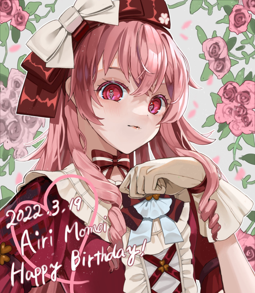 1girl bow commentary drill_locks flower gloves happy_birthday highres long_hair mohey_444 momoi_airi pink_eyes pink_flower pink_hair project_sekai red_bow solo white_bow white_gloves