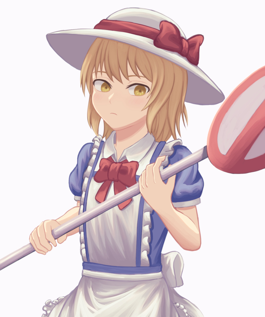 1girl apron back_bow blonde_hair blue_dress bow bowtie collared_dress dress florentia_menma frilled_dress frills hat hat_bow highres holding kana_anaberal puffy_short_sleeves puffy_sleeves red_bow red_bowtie road_sign short_hair short_sleeves sign simple_background sun_hat touhou touhou_(pc-98) upper_body waist_apron white_apron white_background white_bow white_headwear yellow_eyes