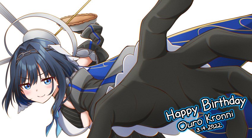 1girl absurdres bangs black_gloves black_hair black_sleeves blue_eyes blue_neckerchief blush breasts chain closed_mouth dated detached_sleeves eyebrows_visible_through_hair food gloves hair_between_eyes hair_intakes happy_birthday highres holding holding_food hololive hololive_english jan_azure large_breasts looking_at_viewer mechanical_halo medium_hair meme neckerchief ouro_kronii pepe_punch_(meme) pie sideboob simple_background smile solo typo upper_body white_background