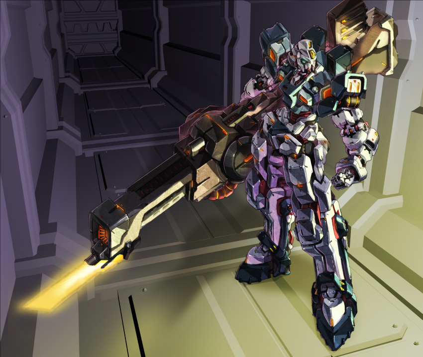 blue_eyes clenched_hand english_commentary glowing glowing_eye gun gundam highres holding holding_gun holding_weapon looking_to_the_side mecha mobile_suit no_humans original paper_bot solo standing weapon