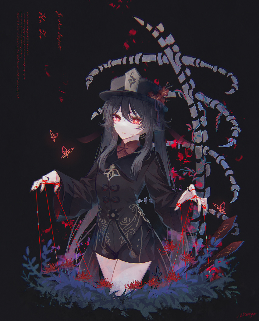 1girl bangs black_background black_headwear bone brown_coat brown_hair bug butterfly character_name closed_mouth coat english_text flower genshin_impact hair_between_eyes hat hat_flower highres hu_tao_(genshin_impact) long_hair mokoppe puppet_strings red_eyes red_shirt shirt short_shorts shorts skeleton solo spider_lily symbol-shaped_pupils twintails