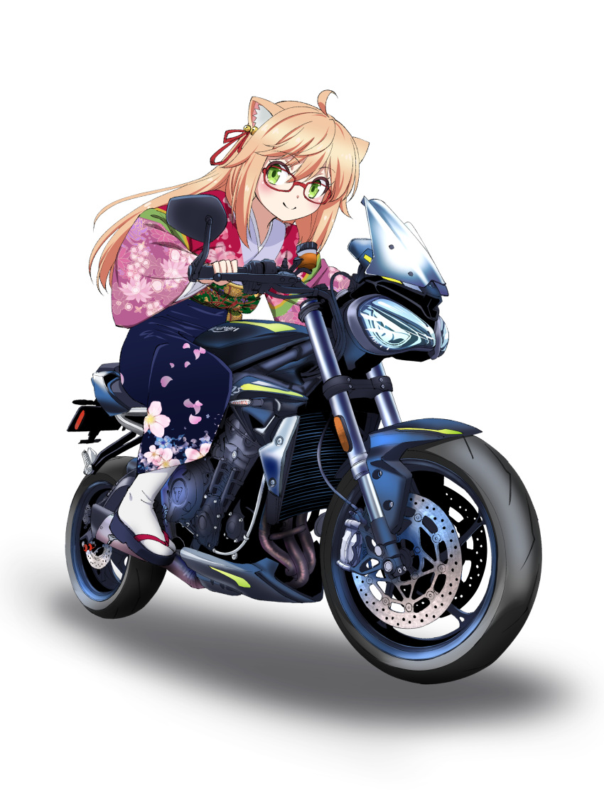 absurdres ahoge animal_ears bell blonde_hair blue_hakama blush closed_mouth copyright_request green_eyes ground_vehicle hair_bell hair_ornament hair_ribbon hakama haori highres ishii_hisao japanese_clothes jingle_bell long_sleeves looking_at_viewer motor_vehicle motorcycle red-framed_eyewear red_ribbon ribbon riding sandals simple_background smile tabi white_background