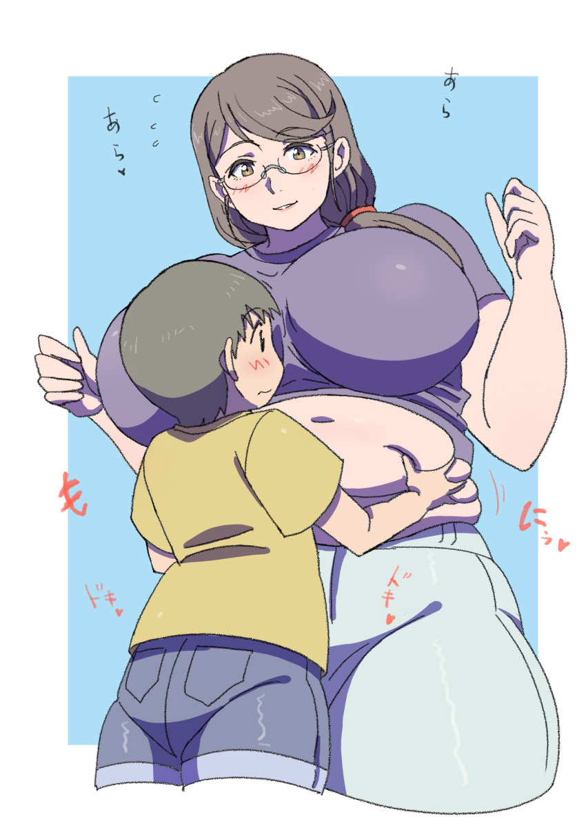 1boy 1girl absurdres age_difference arm_up bangs belly belly_grab blue_background blush border breasts brown_hair commentary_request cropped_legs eyebrows_visible_through_hair glasses hand_on_another's_waist highres karaage53ko long_hair looking_at_another looking_at_viewer mature_female muffin_top navel onee-shota original parted_lips plump rimless_eyewear short_hair swept_bangs tareme thick_arms thick_thighs thighs white_border yellow_eyes