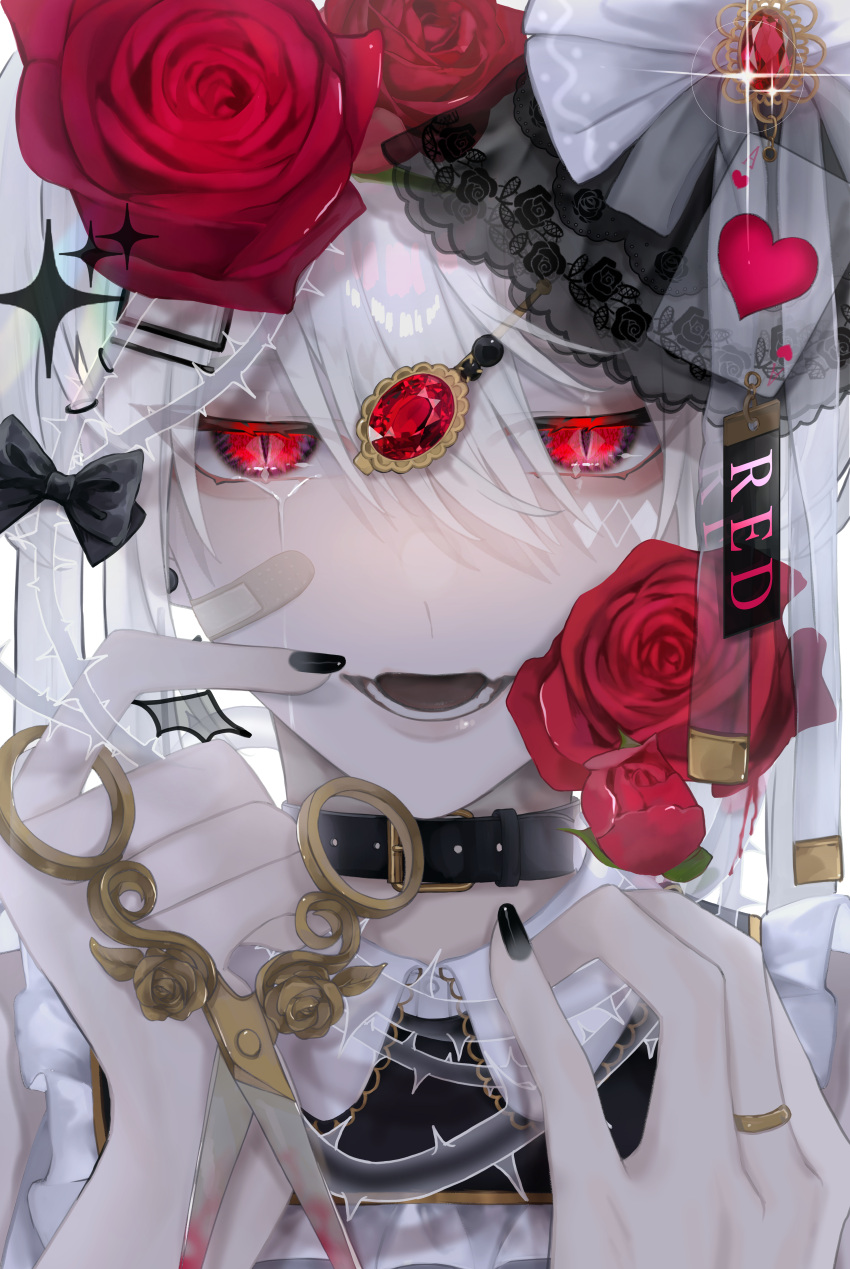 1girl absurdres bangs black_nails card choker earrings fingernails flower hair_flower hair_ornament highres jewelry katoumio looking_at_viewer open_mouth original red_eyes rose scissors short_hair slit_pupils solo