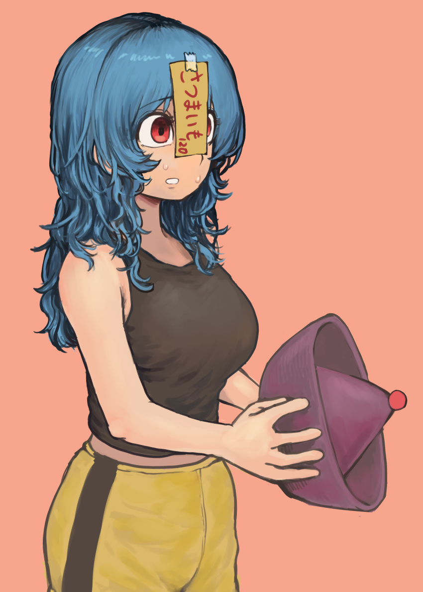 1girl absurdres black_tank_top blue_hair chanta_(ayatakaoisii) hat highres holding holding_clothes holding_hat jiangshi_(chanta) long_hair ofuda original pink_background purple_headwear qing_guanmao red_eyes simple_background solo sweatdrop tank_top
