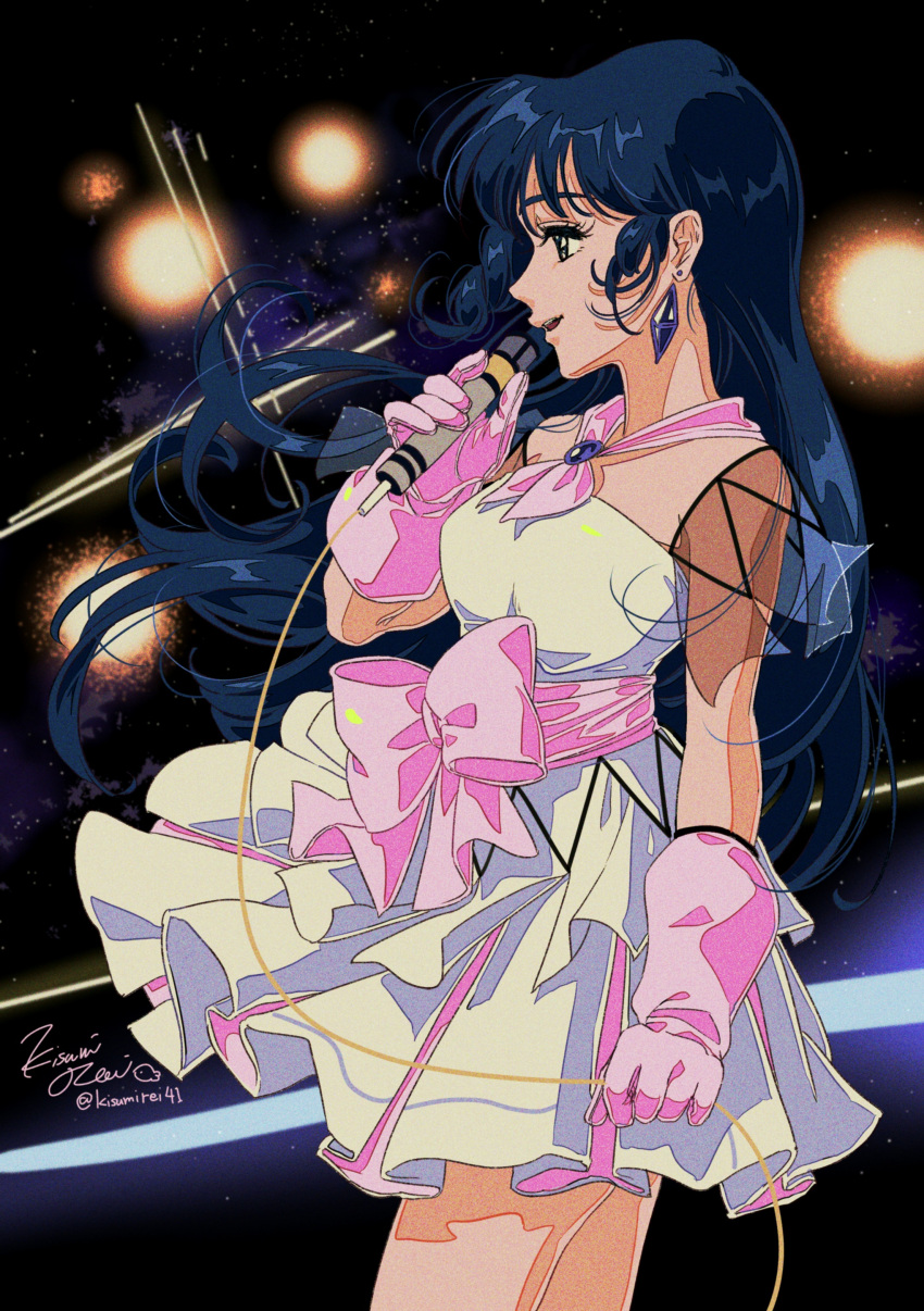 1girl absurdres bangs blue_eyes breasts cable choujikuu_yousai_macross dress earrings explosion from_side gloves hair_behind_ear highres holding holding_microphone jewelry kisumi_rei long_hair lynn_minmay macross macross:_do_you_remember_love? medium_breasts microphone music open_mouth pink_gloves signature singing smile solo space twitter_username white_dress