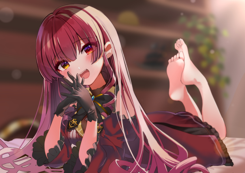1girl :d bangs barefoot black_bow black_bowtie black_gloves blurry blurry_background blush bow bowtie commentary_request detached_sleeves dress eyebrows_visible_through_hair eyelashes feet feet_up fingers_together frilled_dress frilled_sleeves frills gloves gold_trim gradient_hair head_tilt heterochromia highres hololive houshou_marine long_hair long_sleeves looking_at_viewer lying multicolored_hair official_alternate_costume on_stomach open_mouth pink_hair red_dress red_eyes red_sleeves redhead shadow shiny shiny_hair sidelocks smile soles solo the_pose toes virtual_youtuber yellow_eyes yoshioka_pochi