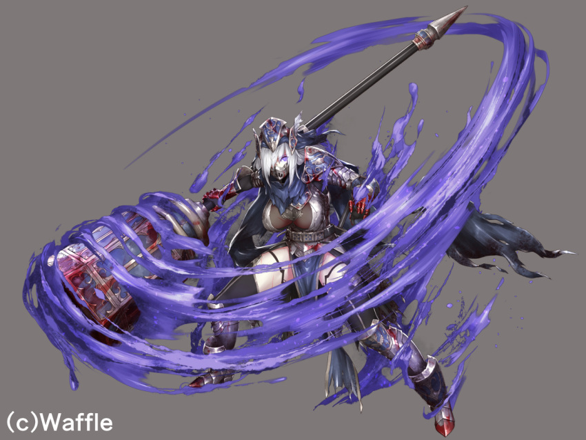 1girl armor aura black_legwear blood blood_on_weapon dark_aura eden's_ritter_grenze eden_grenze eyebrows_visible_through_hair gauntlets greaves grey_background grey_hair hair_over_one_eye helmet holding holding_weapon huge_weapon kageshio_(276006) long_hair mask mouth_mask official_art pauldrons scar scar_on_leg see-through shoulder_armor silver_(eden) simple_background single_pauldron solo thigh-highs vambraces violet_eyes weapon winged_helmet