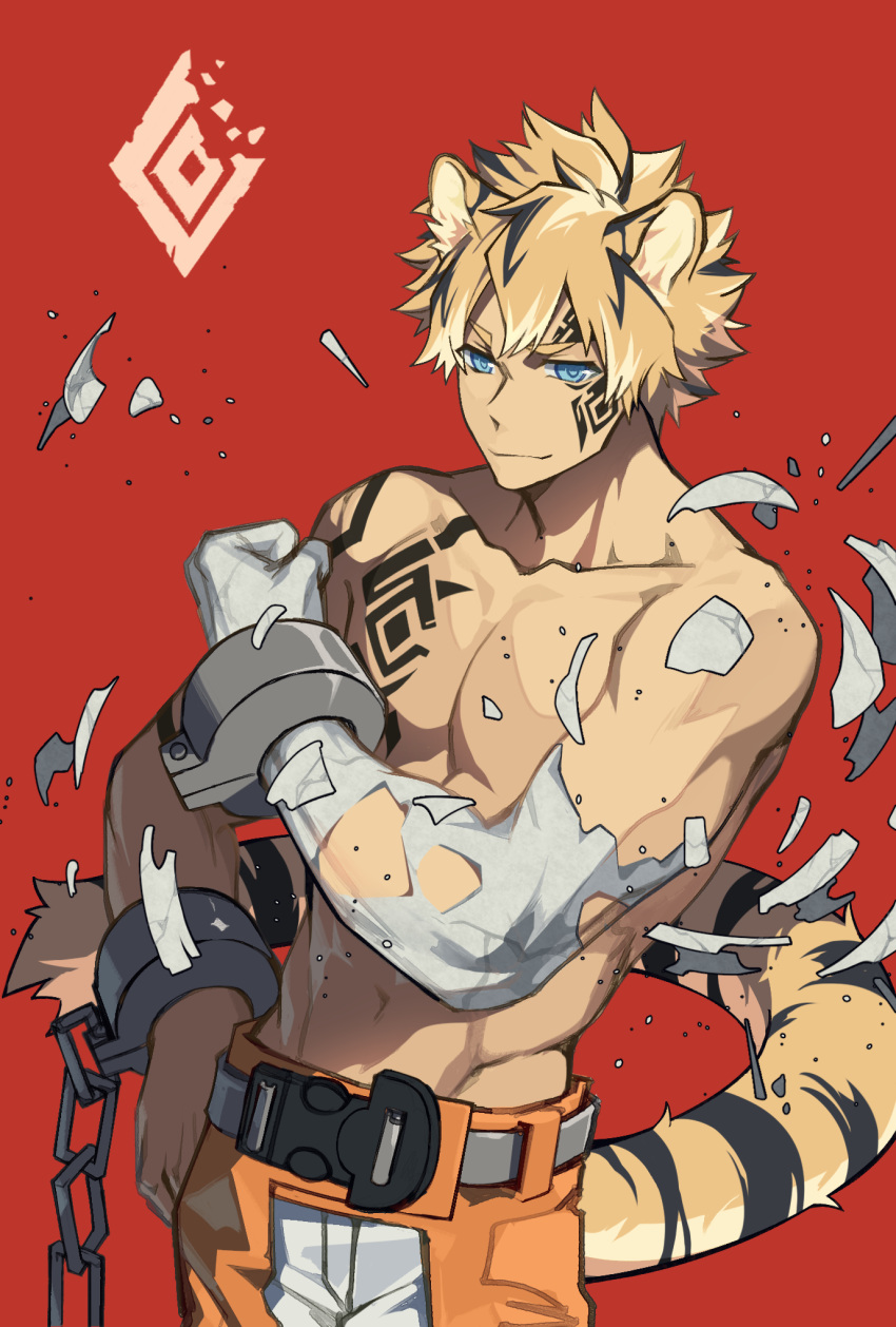 1boy animal_ears arm_tattoo blonde_hair blue_eyes chain chained_wrists chest_tattoo clenched_hand collarbone facial_tattoo highres male_focus navel orange_legwear original patient_zero red_background solo tail tattoo tiger_ears tiger_tail toned toned_male topless_male