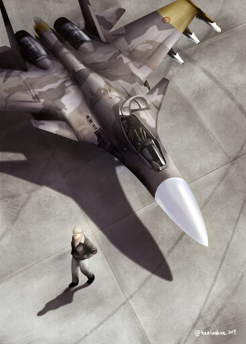 1boy ace_combat ace_combat_04 aircraft airplane blonde_hair canopy_(aircraft) cockpit erusean_flag fighter_jet hands_in_pockets haniwakun_2019 highres jacket jet military military_vehicle missile pants pilot shadow su-37 twitter_username walking yellow_13