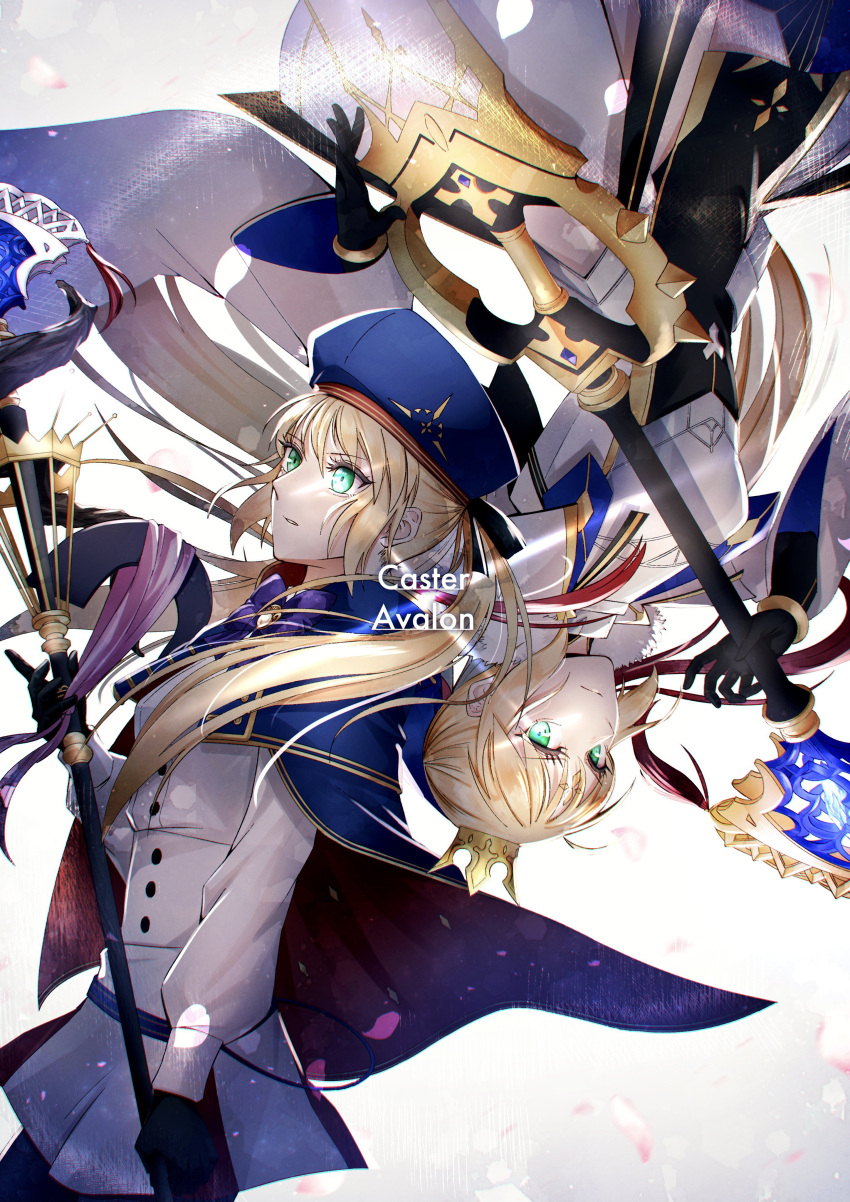 2girls absurdres armor artoria_pendragon_(caster)_(fate) artoria_pendragon_(fate) belt black_gloves black_ribbon blonde_hair blue_belt blue_cape blue_headwear blue_ribbon bow bowtie breastplate buttons cape commentary crown dress dual_persona elbow_gloves english_text eyebrows_visible_through_hair fate/grand_order fate_(series) fur_collar gloves glowing glowing_eyes gold_trim green_eyes hair_ribbon hat highres holding holding_staff holding_sword holding_weapon long_hair long_sleeves looking_at_viewer looking_away marmyadose_(fate) mini_crown multiple_girls petals purple_bow ribbon staff sword twintails very_long_hair weapon white_dress wide_sleeves y_udumi