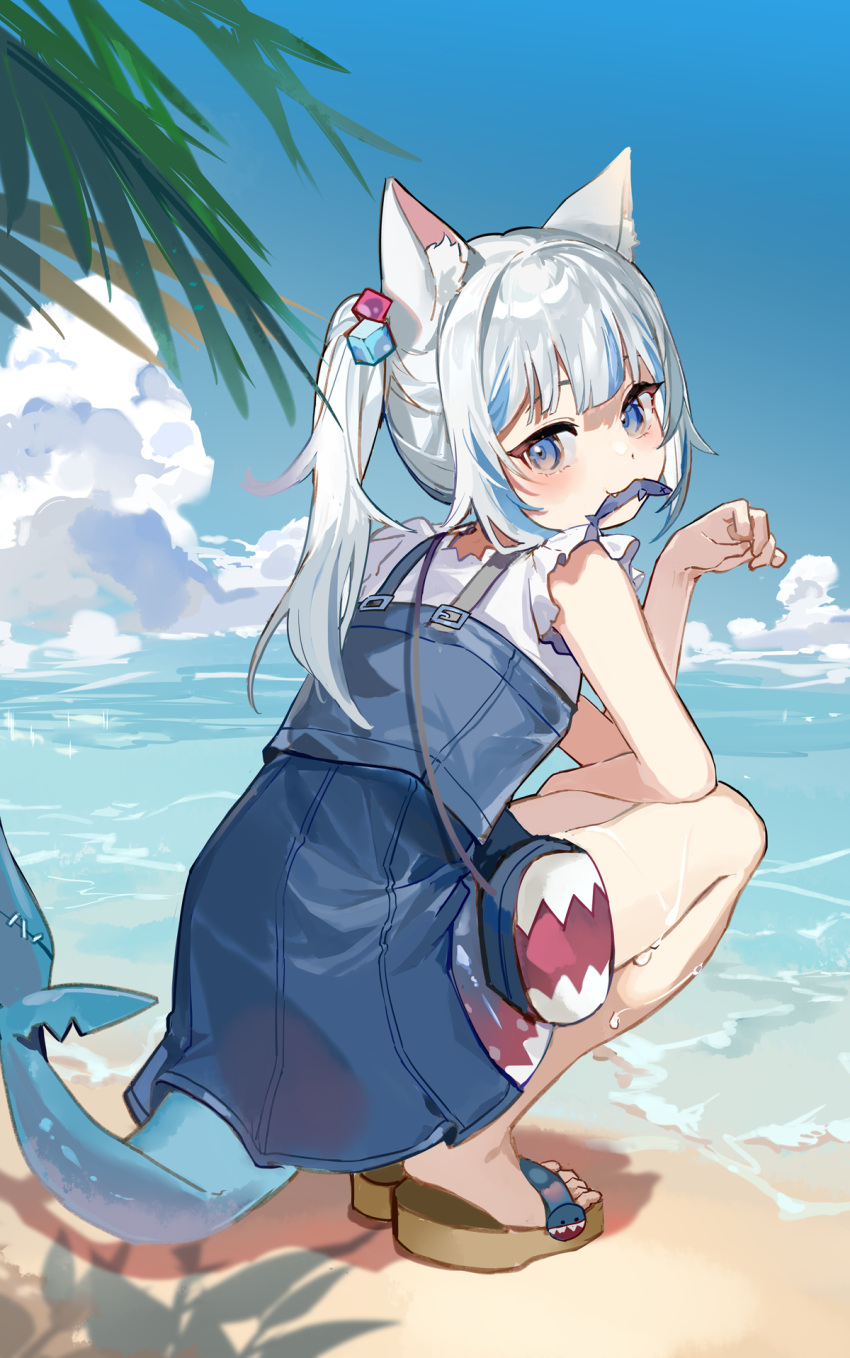 1girl animal animal_ear_fluff animal_ears bag bangs blue_dress blue_eyes blue_hair blunt_bangs blush cat_ears commentary denim dress english_commentary fang fish fish_tail flip-flops food full_body gawr_gura hair_cubes hair_ornament half_updo handbag highres holding holding_food hololive hololive_english karasu_btk kemonomimi_mode looking_at_viewer looking_back mouth_hold multicolored_hair ocean one_side_up paw_pose sandals shark_tail shirt shore short_hair sidelocks silver_hair sky solo squatting streaked_hair summer tail teeth_print virtual_youtuber water white_shirt x_x