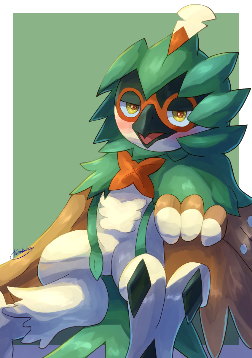 absurdres animal_focus bird blush border commentary_request decidueye green_background highres looking_at_viewer no_humans open_mouth orange_pupils owl pokemon pokemon_(creature) signature solo tanpakuroom white_border yellow_eyes