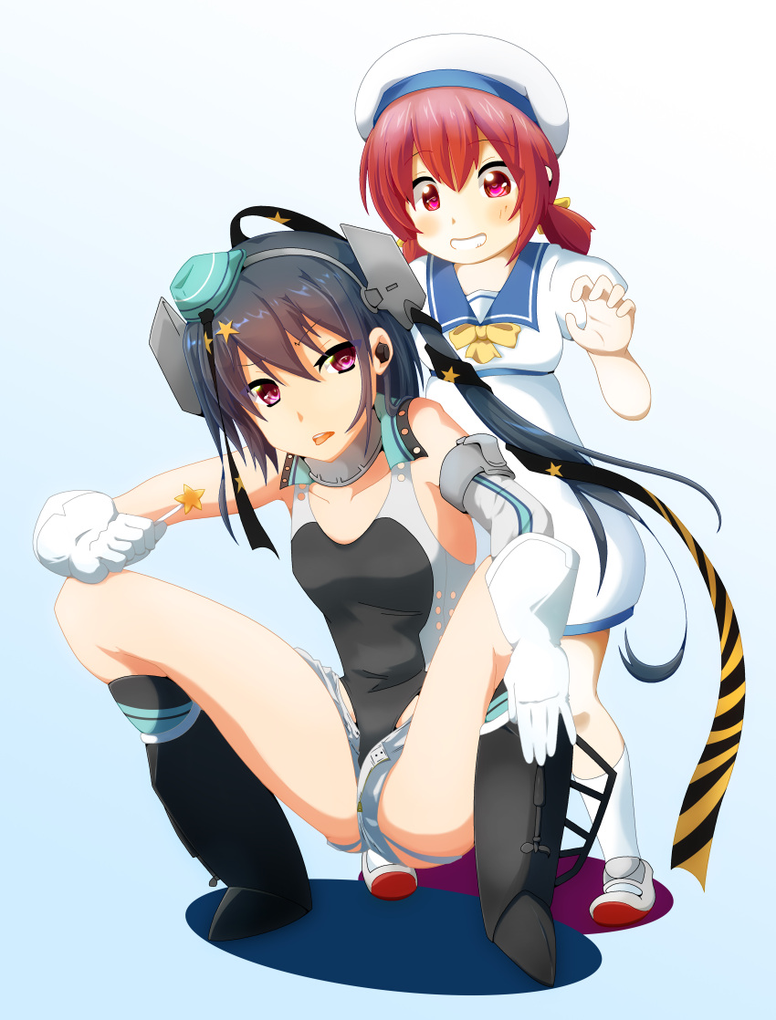 2girls absurdres aqua_headwear black_ribbon black_swimsuit blue_sailor_collar breasts candy competition_swimsuit dress food garrison_cap gloves grey_hair hair_ornament hair_ribbon hair_rings hat highleg highleg_swimsuit highres holding holding_candy holding_food kaiboukan_no._4_(kancolle) kantai_collection long_hair low_twintails mei_(heavensstyle) multiple_girls one-piece_swimsuit redhead ribbon sailor_collar sailor_dress sailor_hat scamp_(kancolle) short_shorts shorts side_ponytail small_breasts spread_legs squatting standing star_(symbol) star_hair_ornament swimsuit twintails violet_eyes white_dress white_gloves white_headwear white_shorts