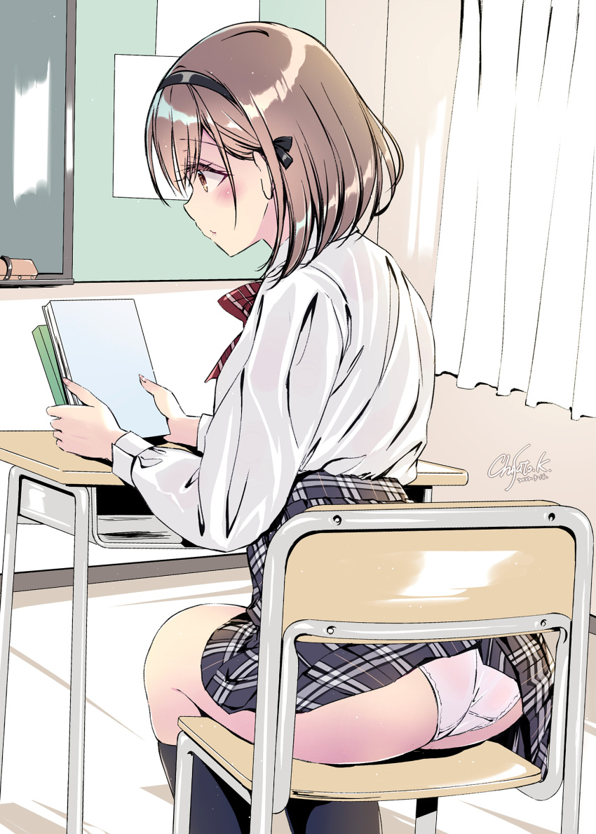 1girl ass assisted_exposure blush book bow brown_eyes brown_hair chair classroom clothes_lift clueless collared_shirt curtains desk from_behind hairband highres holding holding_book kobayashi_chisato long_sleeves original panties plaid plaid_skirt red_bow school_uniform shirt short_hair sitting skirt skirt_lift solo underwear white_panties