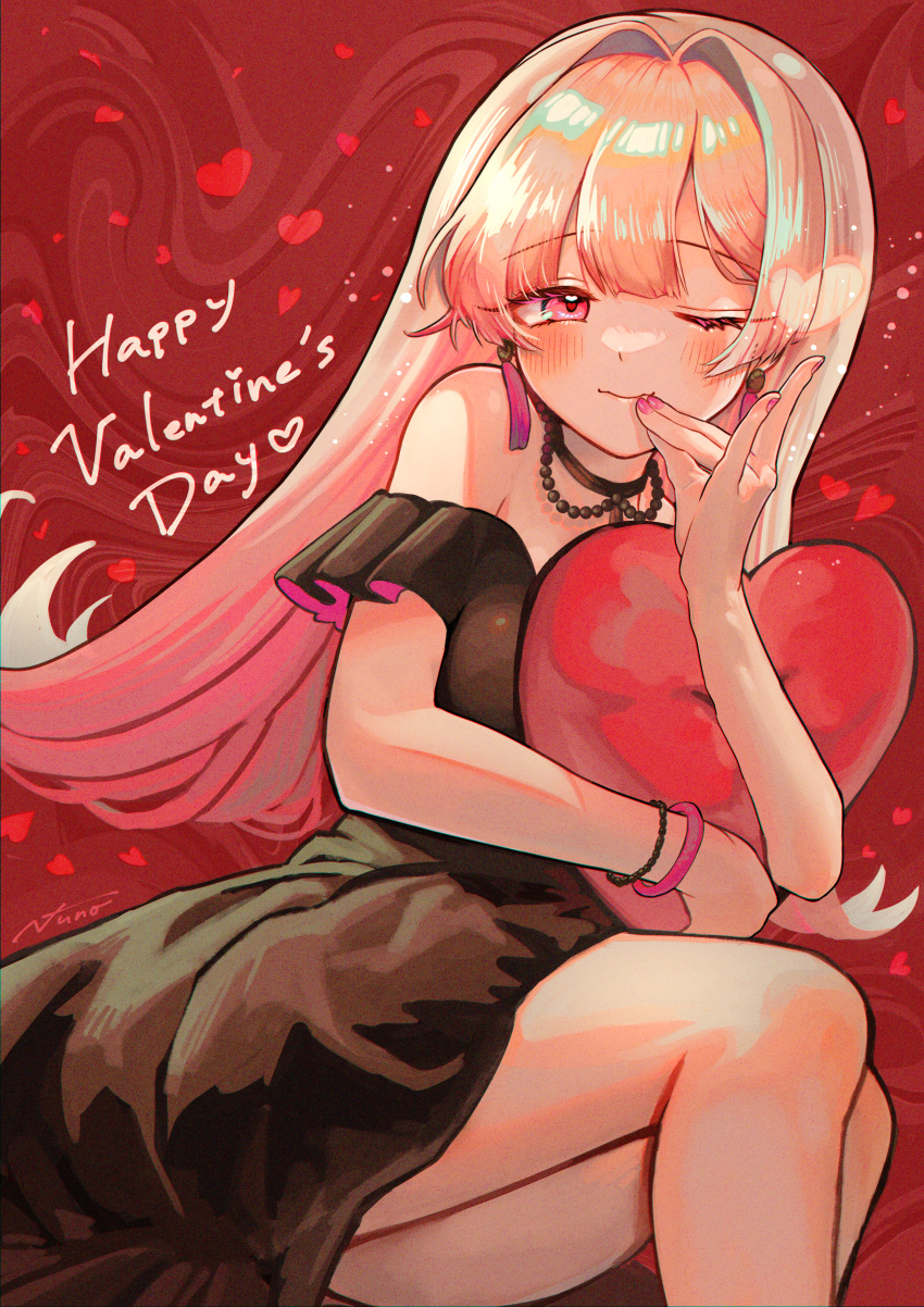 1girl ;) absurdres adapted_costume alternate_costume bare_shoulders black_dress blonde_hair blush bracelet commentary_request commission dress earrings fingers_to_mouth fox_shadow_puppet gradient_hair happy_valentine heart highres jewelry long_hair looking_at_viewer makurano_neena multicolored_hair nail_polish one_eye_closed pink_eyes pink_hair pink_nails production_kawaii signature skeb_commission smile solo tassel tassel_earrings valentine virtual_youtuber yukinuno_jelly